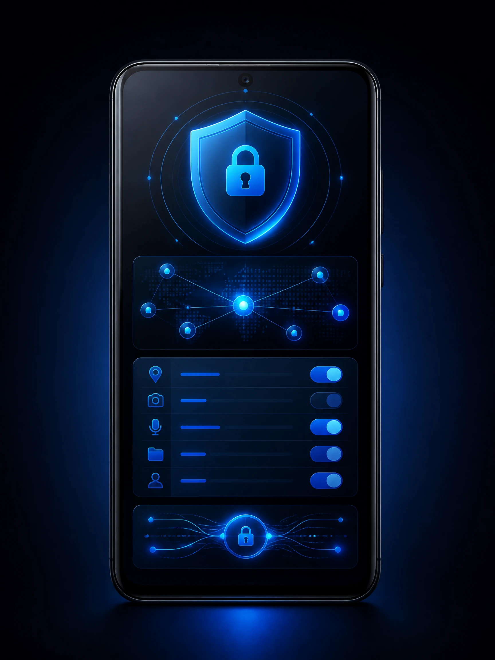 Original smartphone illustration showing abstract shield, lock, privacy controls and secure network graphics