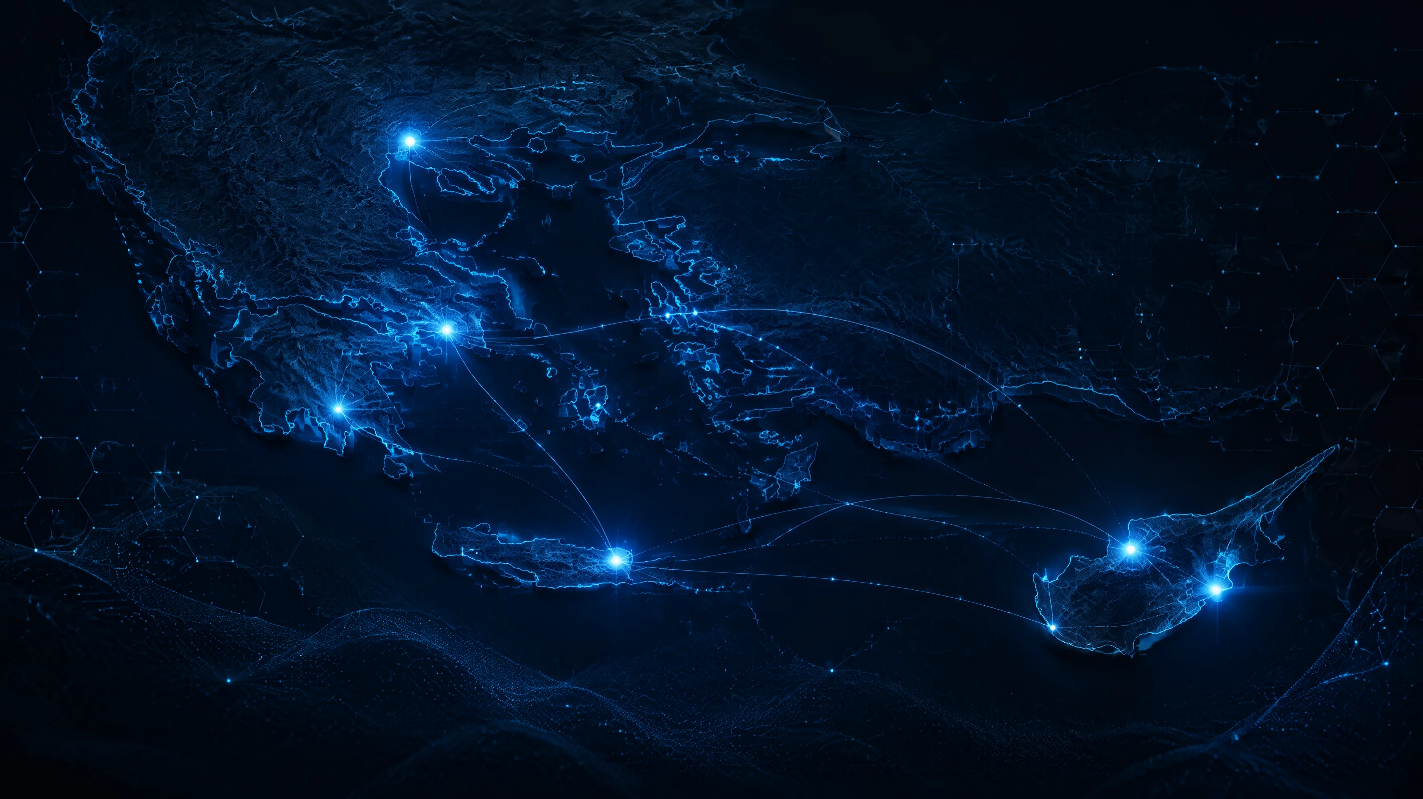 Abstract blue network map visual representing secure support across Greece and Cyprus